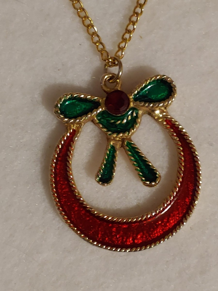 Vintage Christmas Wreath Necklace Red Green enamel Gold Tone Faux