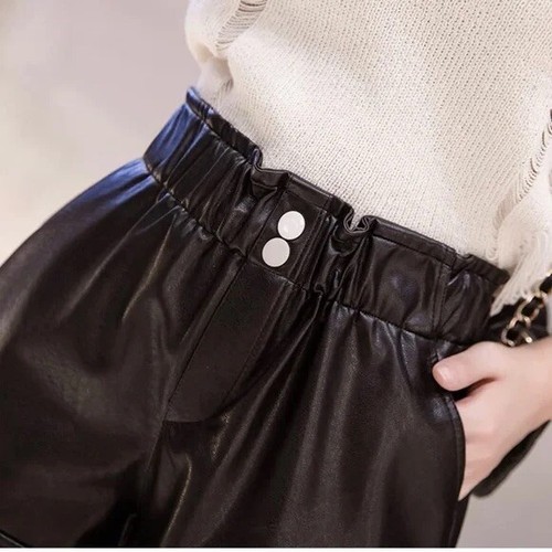 Women's Faux Leather Straight Wide Leg Leather Shorts Loose Elastic High Waist - Picture 4 of 8