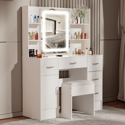 Schminktisch mit Smart LED Lights Spiegel und Hocker Regale Makeup Vanity Desk