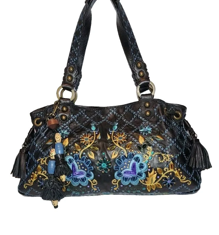 ISABELLA FIORE BOHEMIAN JENNA FLORAL EMBROIDERED TASSELED HAND BAG SATCHEL $695 - Image 2 of 4