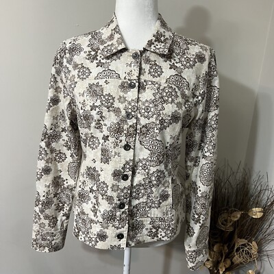 NWT Christopher & Banks Button Up Denim Jacket Sz M Biege Brown Metallic Floral