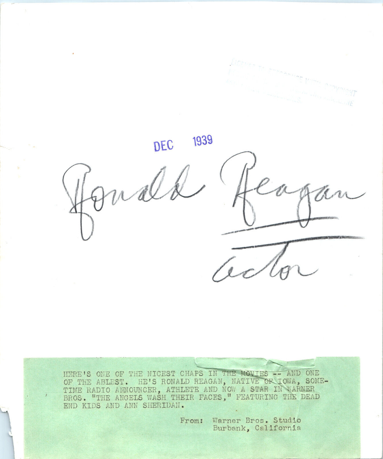 RONALD REAGAN Warner Bros "The Angels Wash Their Faces" Orig 1939 PRESS