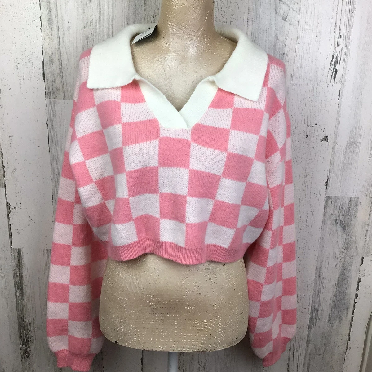 NWT Cider Pink Wht Checkered Collared Soft Cropped Sweater Preppy Core  Barbie XL