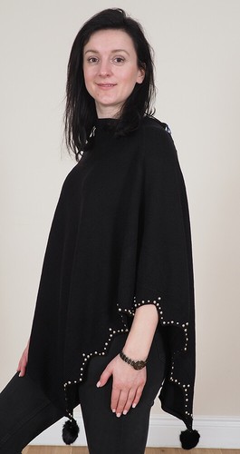 Ladies Poncho Cape Top Knitted One Size Long Warm Soft Feel Pom Pom Premium - Picture 3 of 13