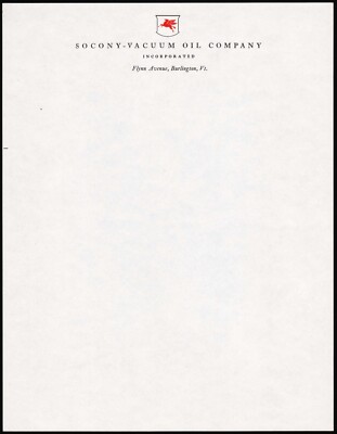 Vintage letterhead SOCONY VACUUM OIL Mobil Pegasus Burlington Vermont n-mint+