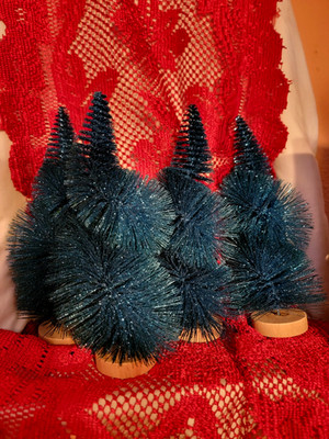 Set of  8 Inch Bottle Brush TEAL Christmas Trees SPIRAL w/ WOODEN BASE