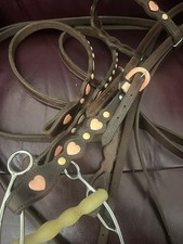 Western brown pink heart leather headstall bridle bit and reins 