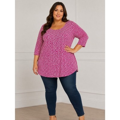 Kim Rogers Woman 3X Pink White Geometric Quatrefoil Tunic Top Cottagecore Causal