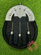 Scottish Handmade Black Bovine Real Leather Scottish Kilt Sporran Thistle Cantle