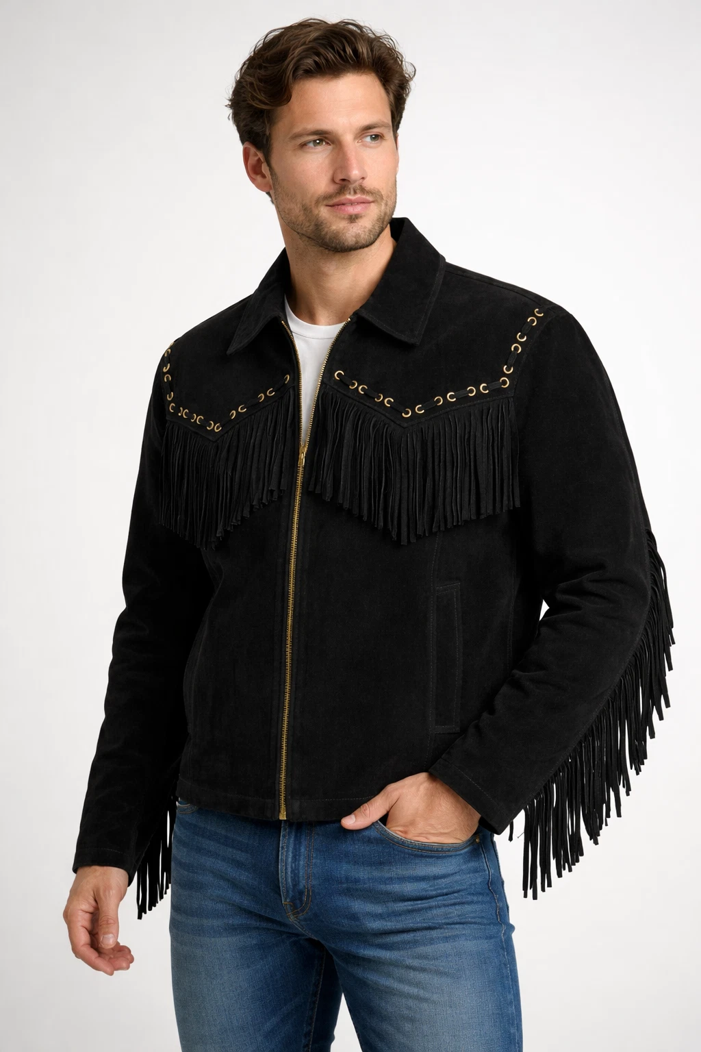 Men’s Black Suede Leather Fringe Jacket Western Cowboy Biker ZipUp Vintage Style