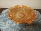 Vintage Indiana Carnival Glass Iridescent Marigold Diamond Point & Ruffled Bowl