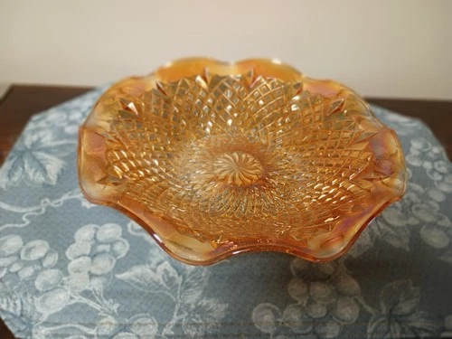 Vintage Indiana Carnival Glass Iridescent Marigold Diamond Point & Ruffled Bowl