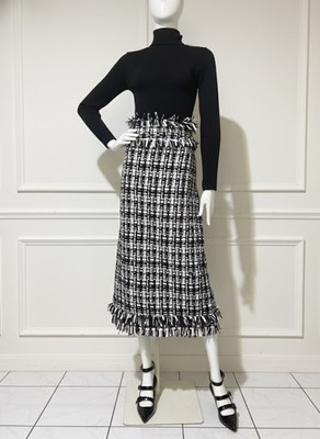 MSGM Logo Ribbon Woven Tweed Maxi Skirt IT40 Fringed Black White Authentic