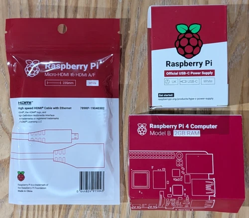 Raspberry Pi 4 Model B (4B) 2GB RAM Bundle with Official USB-C PSU & USB Cable