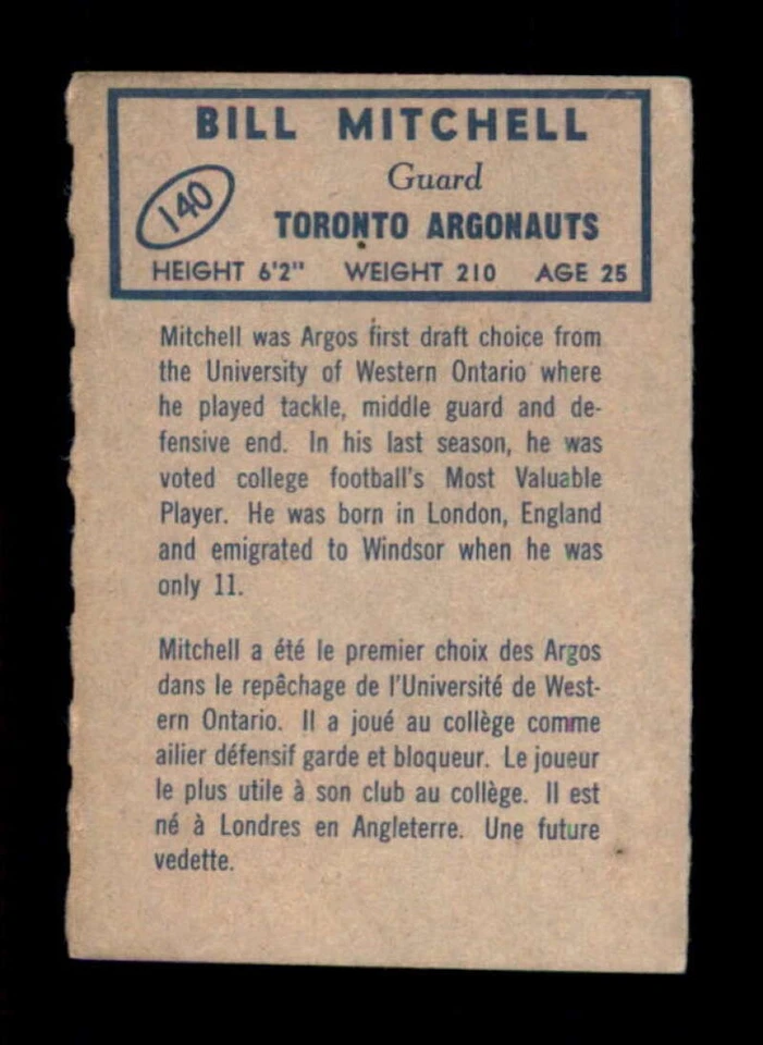1962 Topps CFL #140 Bill Mitchell   VG/VGEX X3573163 - Image 2 of 3