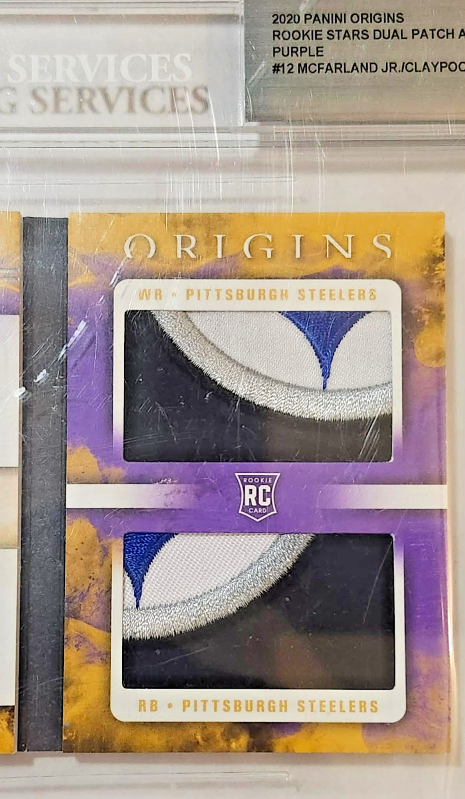2020 Origins Chase Claypool/Anthony McFarland Jr AUTO Logo Patch RC BGS 8.5 #1/2 view 2
