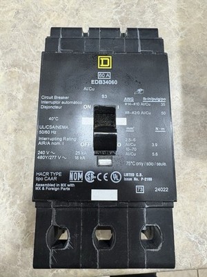 SQUARE D - EDB34060 - TYPE EDB - 60A, 480V, 3 POLE, 3 PHASE BOLT-IN BREAKER