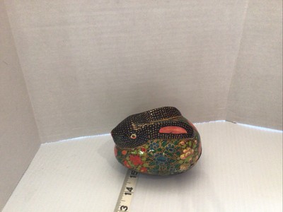 Vintage KASHMIR Paper Mache Lacquer Bunny Rabbit TRINKET BOX Hand Painted Blue#1