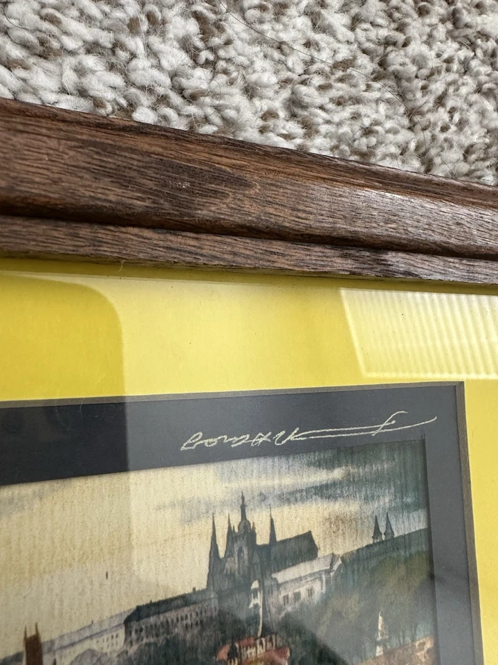 "Pintura acuarela marco 8x6"" paisaje urbano castillo de Praga vintage paisaje urbano y puente de Carlos" Foto 4 de 4