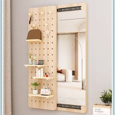 Wooden Mirror with Pegboard, Wall Mounted Dressing Mirror with Storage Hooks