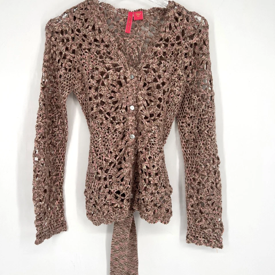 Cárdigan tejido Charlotte Tarantola para mujer XS rosa floral ganchillo Y2K lana cachemir Foto 3 de 4