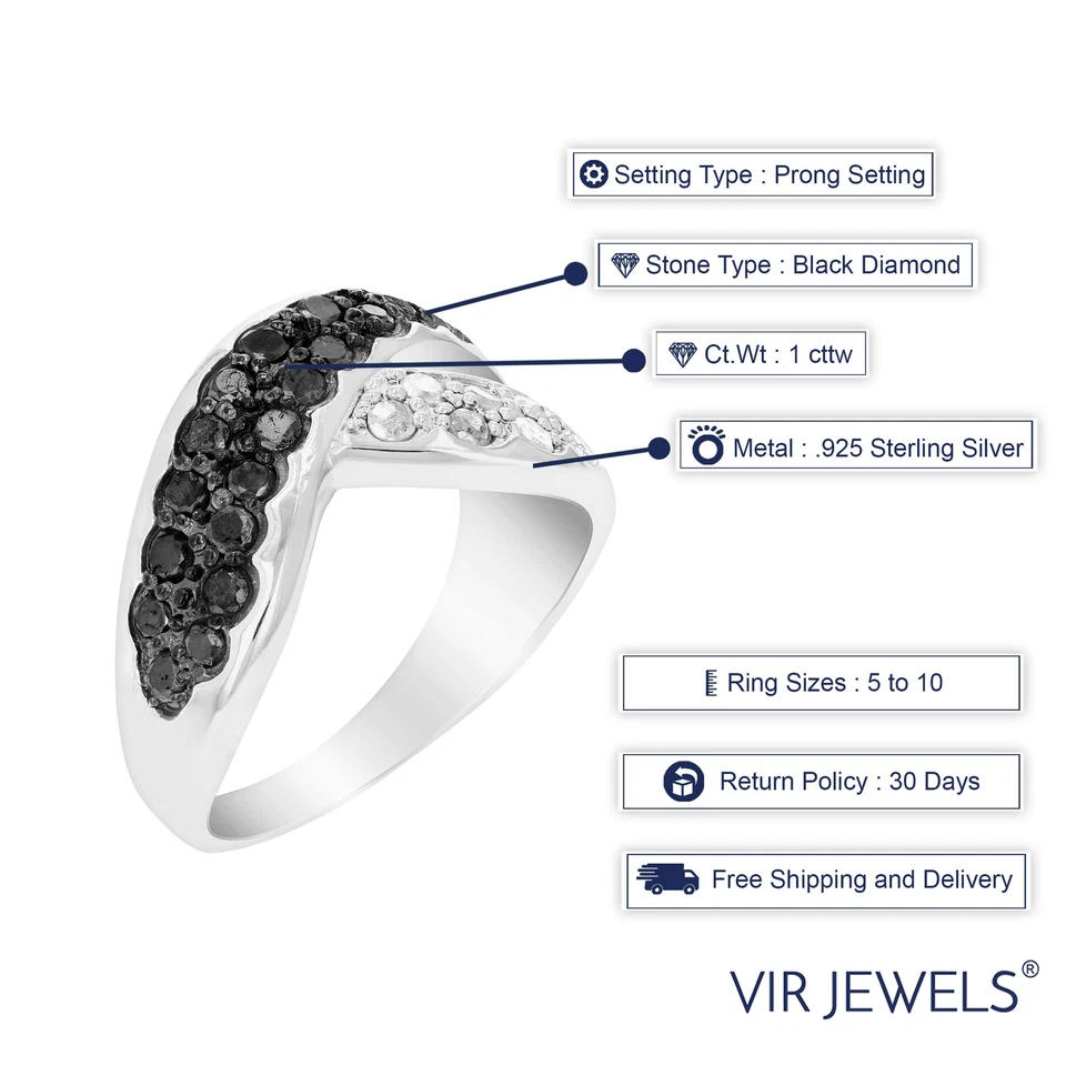 Anillo de diamantes blanco y negro de 1 cttw de plata de ley .925 con rodio talla 7 Foto 3 de 4