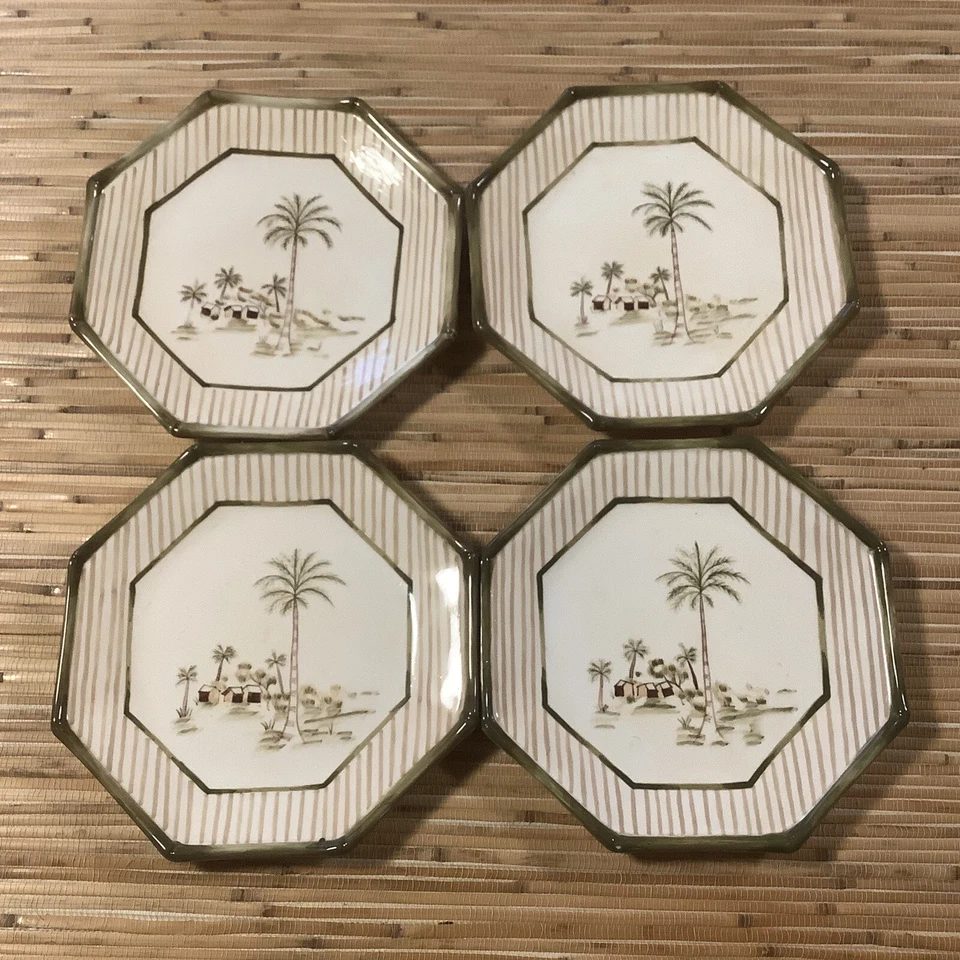 Plato de almuerzo Waverly TAHITI palmeras octogonales pintadas a mano. Juego de 4 Foto 3 de 4