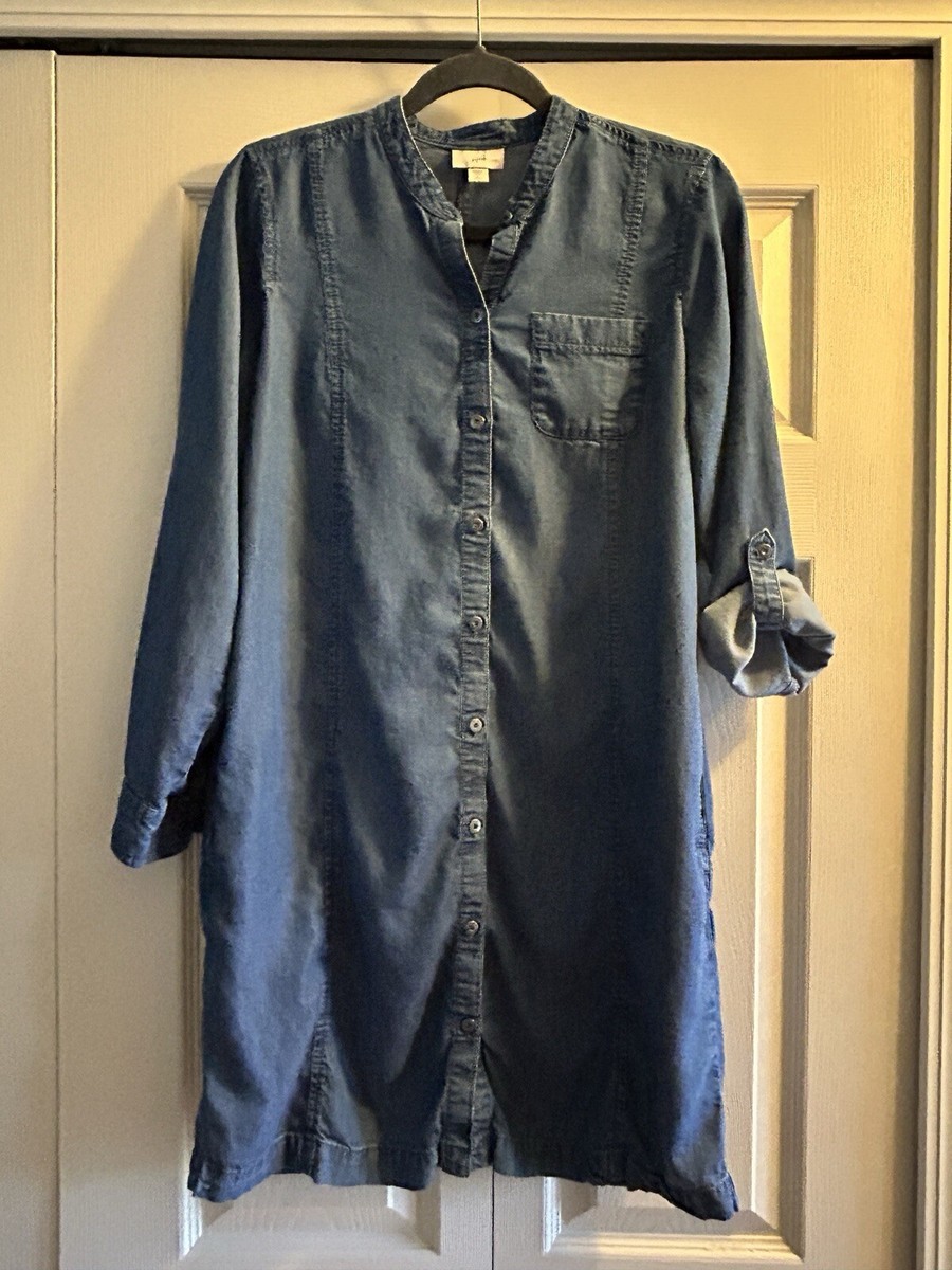 j jill denim shirt dress Size S Petite Chambray Midi Dress Blue Lagenlook Minimalist Color:Burlap Stripe silk anarkali dress Sleeve Eulalie Dark Champagne Luminous