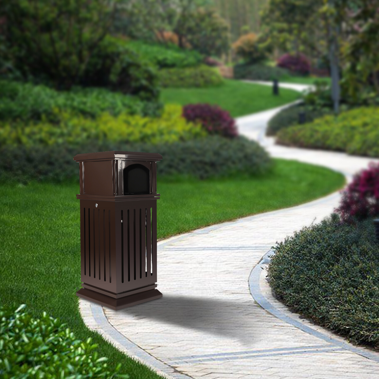 Retro 40L Open-Top Flip Lid Trash Can for Patio Park Courtyard