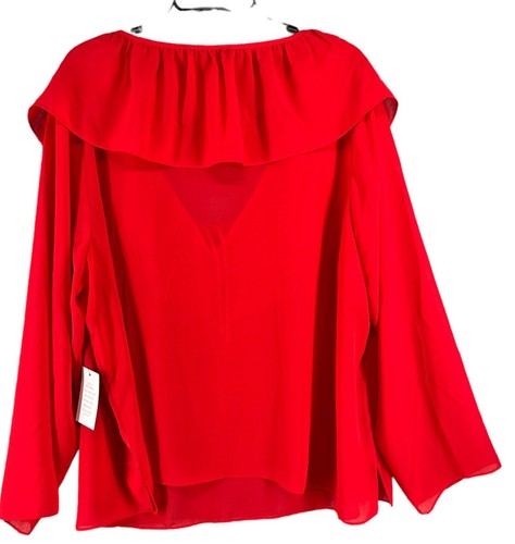 NWT Eloquii Red Ruffle Tie Neck Sheer Pullover Top Size 22 - Picture 16 of 17