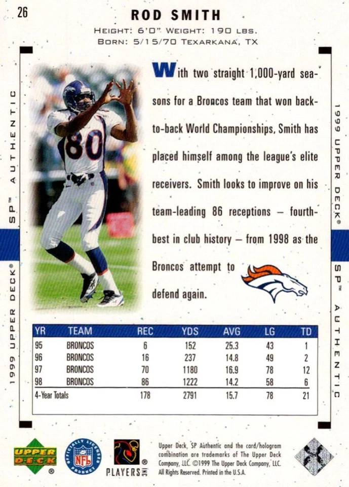1999 SP Authentic Rod Smith Denver Broncos #26 - Image 2 of 2