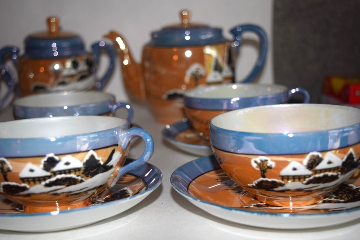 Vintage Takito Orange Lusterware Tea Set, 18 Piece Set Delicate