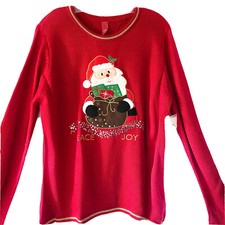 Holiday Time Womens Red Ugly Christmas Sweater Large XL 14-18 Sequin Santa NWT