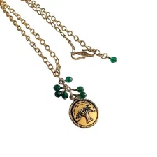 Barse Gold Tone With Green Onyx & Tree Of Life Coin Necklace