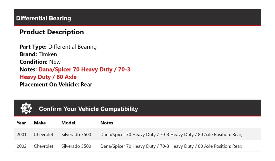 Cojinete diferencial trasero Timken para Chevrolet Silverado 3500 2001-2002 Foto 2 de 4
