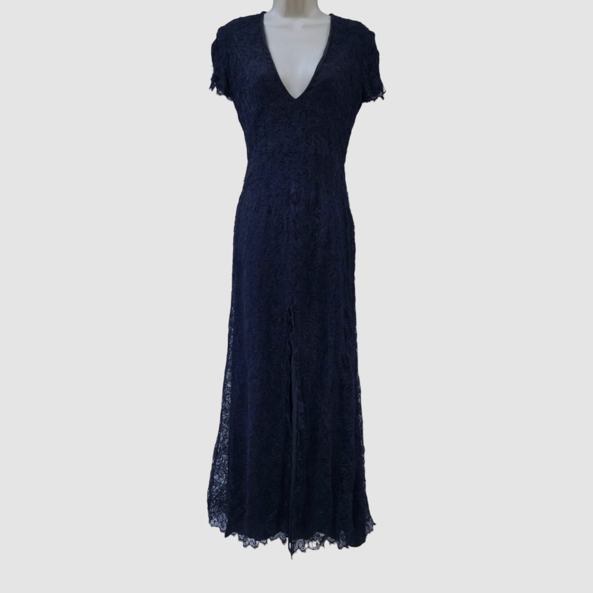 $3495 Monique Lhuillier Women Blue Chantilly Cap-Sleeve Lace Gown Dress  Size 6