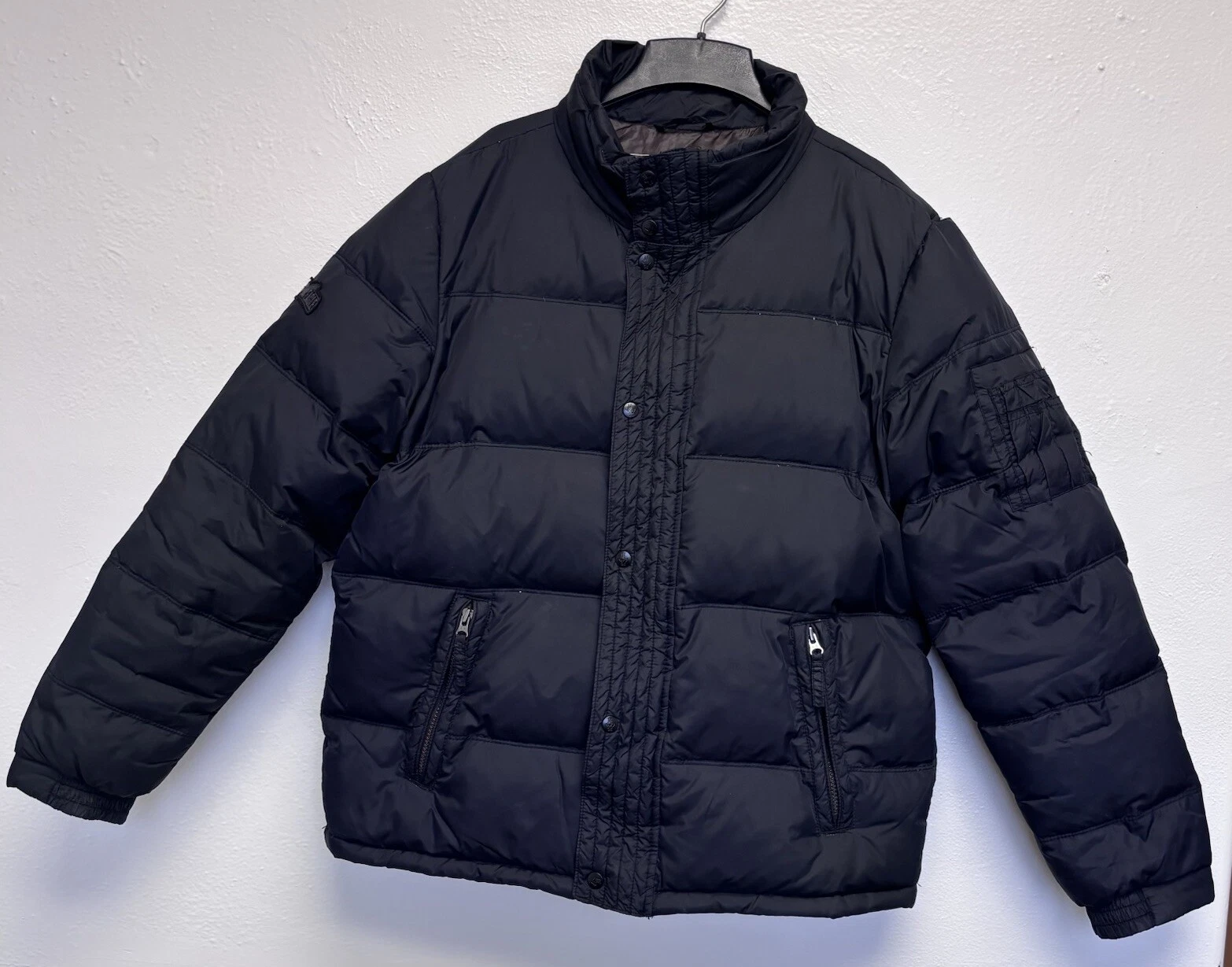 American Eagle Puffer Jacket Men's Large Duck Down Black Zip Snap Button Y2K VTG