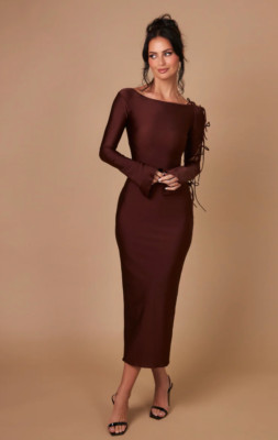 Choco Brown Silhouette Dress - Elegant, Classy, Midi Long Bell Sleeve Dress