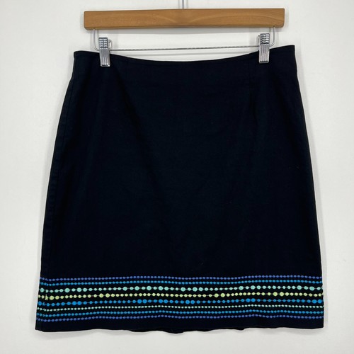 Geoffrey Beene, Geoffrey Beene Sport Mini Skirt Womens M Black Embroidered Print Vtg Y2K Stretch