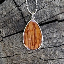 Koa Wood Hawaiian Scroll Tear Drop Silver Rhodium Plated Brass Pendant BRP1095