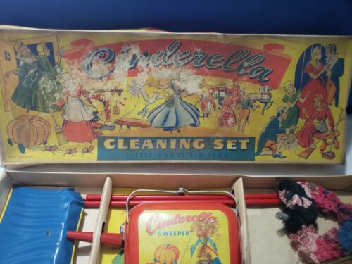 40's Norstar Disney Cinderella Cleaning Set Litho Tin Sweeper Pan Broom Mop Toy - Picture 7 of 9