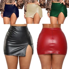 Women's Solid High Waist Pu Leather Bodycon Mini Skirt Short Pencil Party Skirts