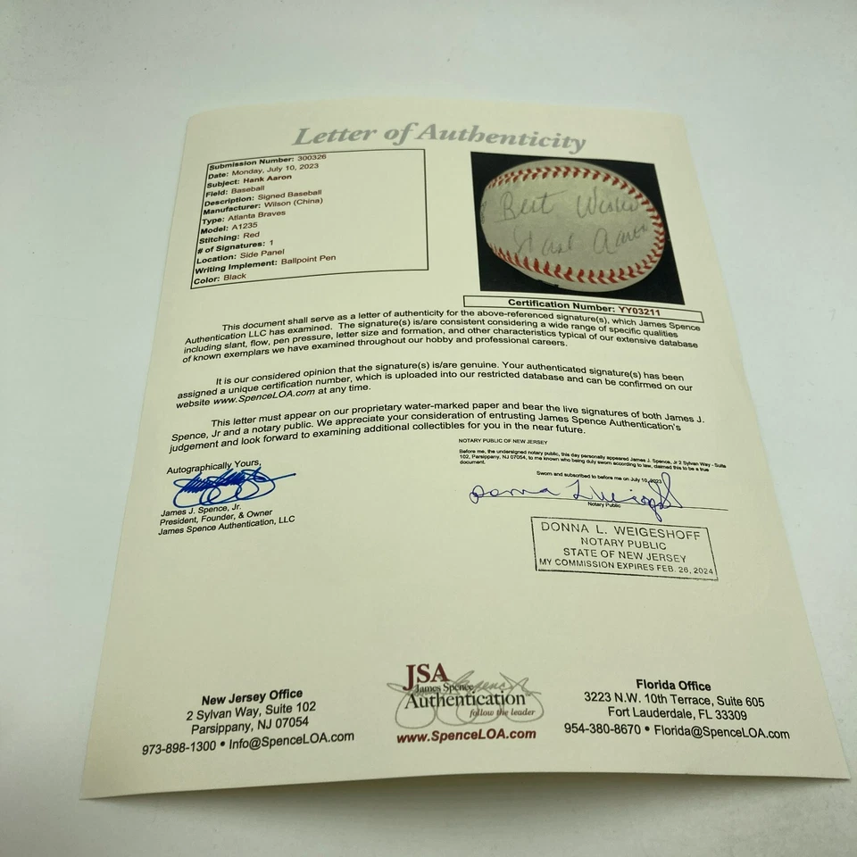 Hank Aaron Signed Vintage 1970's Atlanta Braves Baseball JSA COA - Image 4 of 4