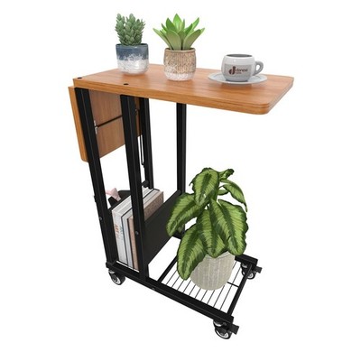 C Shaped End Table Folding TV Tray Couch Side Table For Sofa Wheels Black
