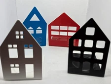Metal Tealight House Village Set of 4 – Red, Blue, White, Black – Modern Minimal