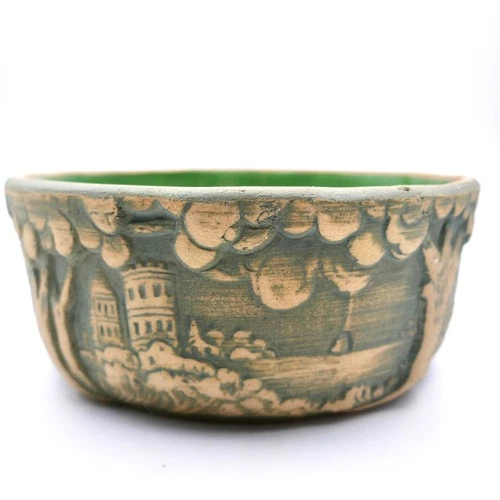 Redwing Brushware Green Pottery Bowl 6.5" 4 Raised Relief Scenes  1920's Antique