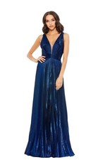 Mac Duggal 50640 Sapphire Metallic Pleated Plunge Neck Gown Size 14 478