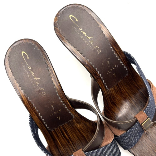 Contessa vintage anni 80 90 pelle e denim cinturino legno zeppa ritagliata tacco 7 - Foto 11 di 17