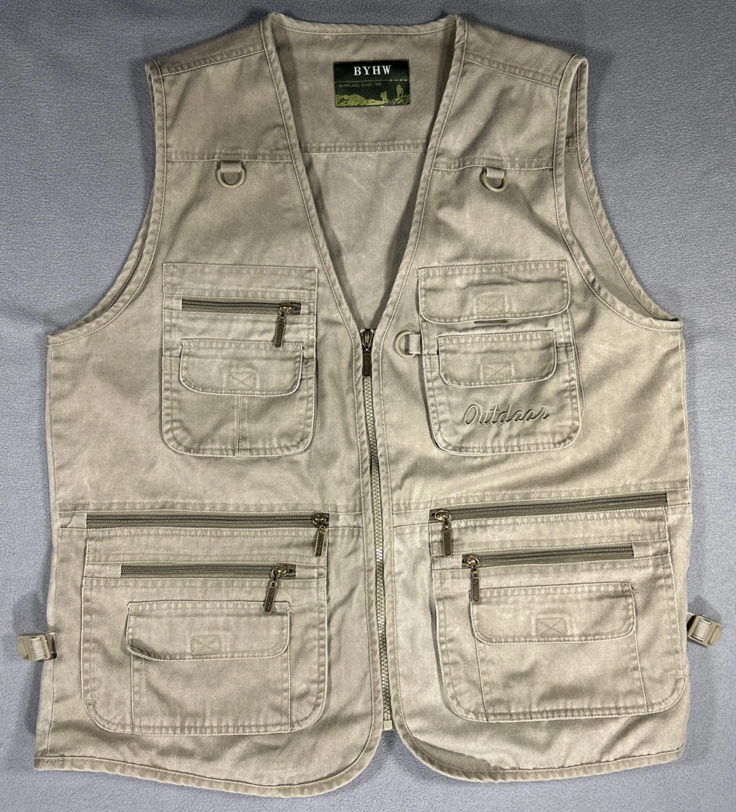 BYHW Utility Vest Mens 2XL Khaki Multi Pocket Fishing Photography Outdoor