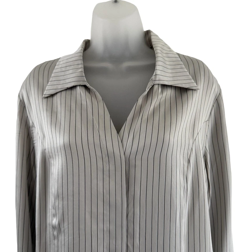 Kate Hill 真丝衬衫女式 16 灰色黑色细条纹学院长袖 V 领 — 第 4/4 张图片